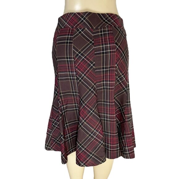 KENAR Brown & Red Plaid Flared Flounce Hem Long Skirt Stretch‎ Academia Corpcore - Picture 11 of 14